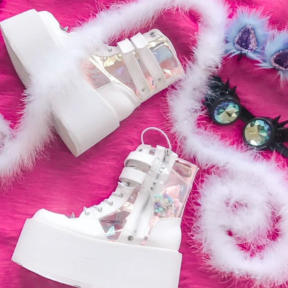 Demonia Shoes - Demonia Platforms Dolls Kill Holographic White